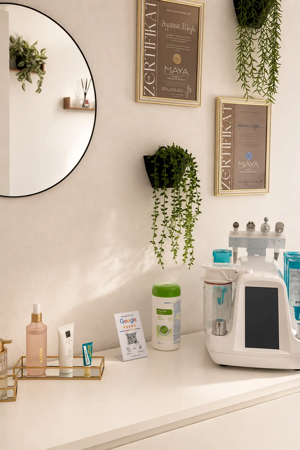 Aqua-Facial-Gerät und Zertifikate im AY Aesthetics Studio Extertal